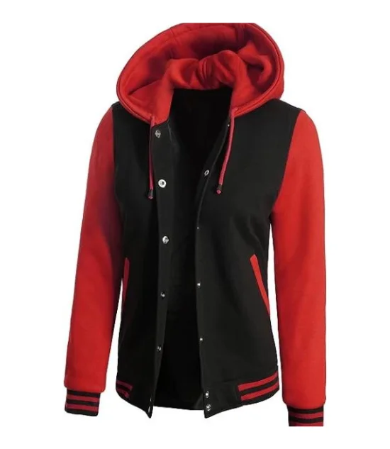 Women's Red and Black Varsity Letterman Jacket with Hood