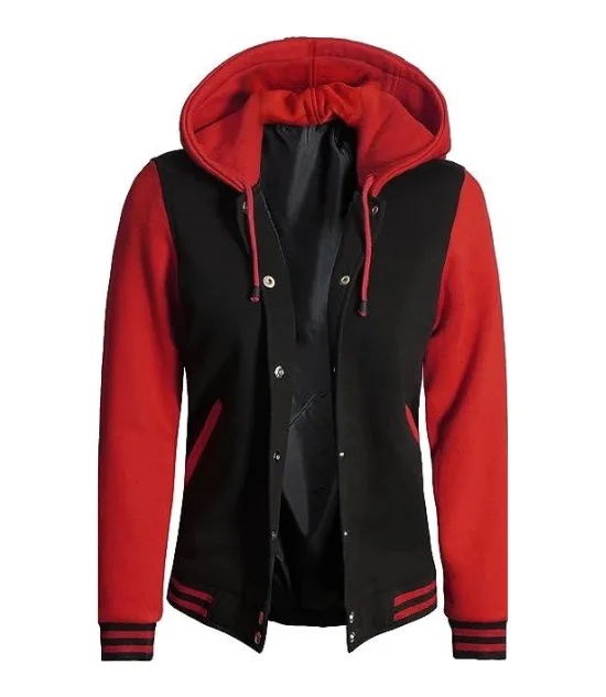 Women's Red and Black Varsity Letterman Jacket with Hood