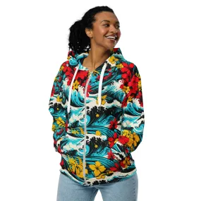 Womens Zip Hoodie - Waves and Flowers 001