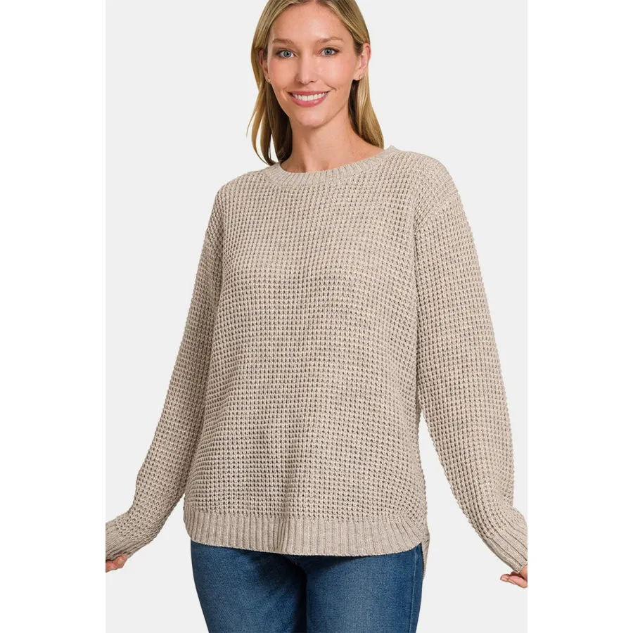 Zenana High Low Long Sleeve Waffle Sweater