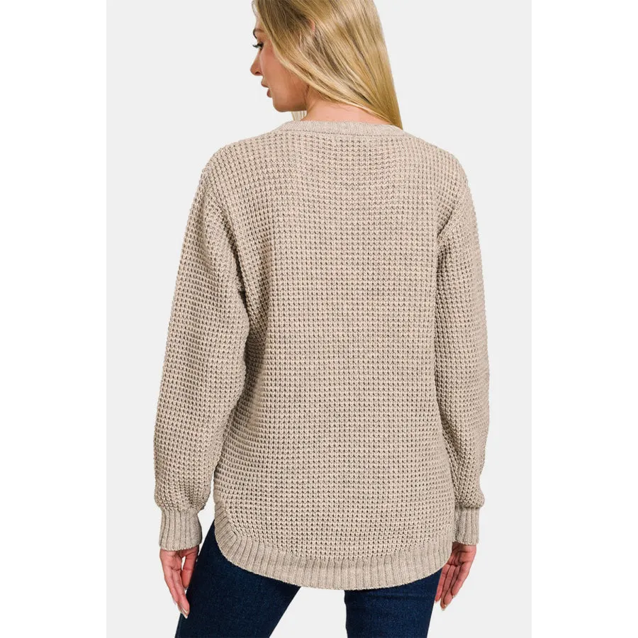 Zenana High Low Long Sleeve Waffle Sweater