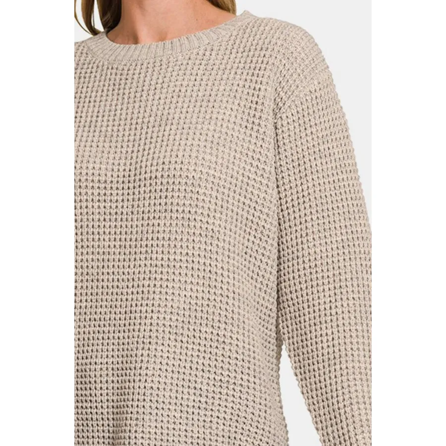 Zenana High Low Long Sleeve Waffle Sweater